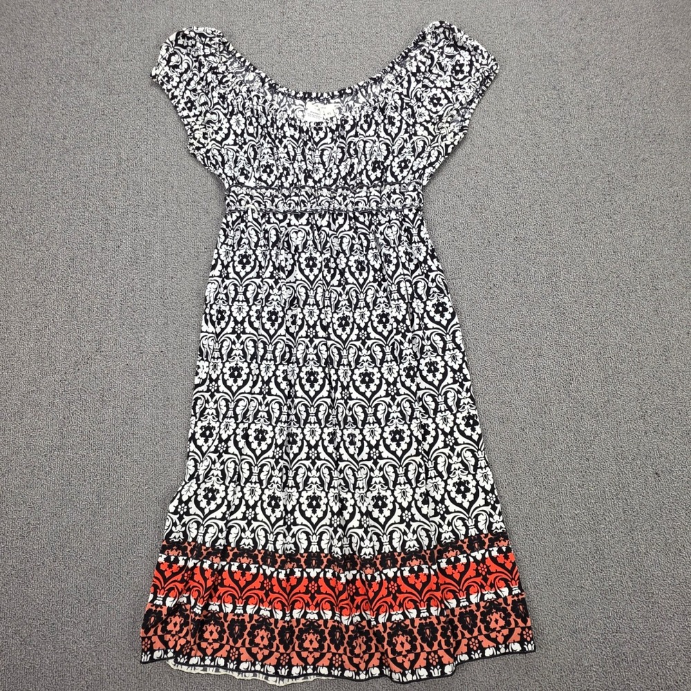 Sophie Max Black White Damask Empire Waist Dress Orange Border XS